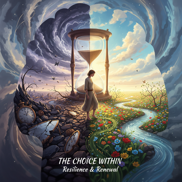 Egy személy egy jelképes terep kereszteződésében, ahol két út ágazik el: egy viharos és törött, a másik napos és virágzó, ami a veszteség utáni alkalmazkodást és különböző megküzdési stílusokat szimbolizálja.