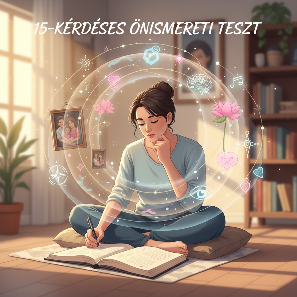 Egy személy önismereti teszt kitöltése közben, körülötte lebegő emlékek és kapcsolati szimbólumokkal.