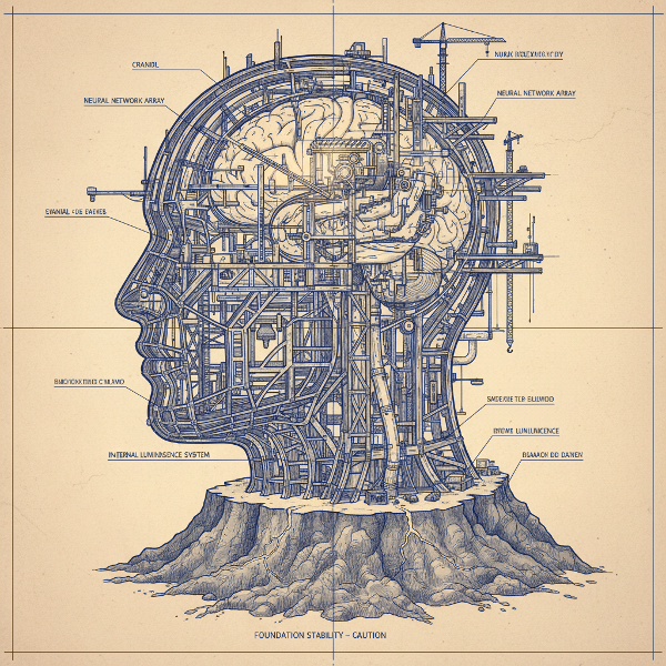 Egy emberi fej építészeti tervrajza, amely egy belső szerkezetet mutat be állványzattal és gerendákkal, repedésekkel a stabil alapzaton, belső fénnyel.