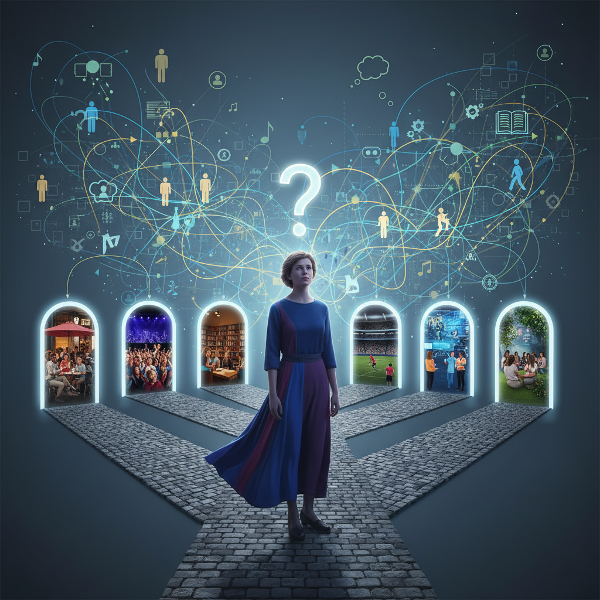 Egy személy a döntések és társadalmi hatások kereszteződésében.