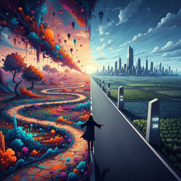 Egy ember egy kereszteződésben áll, két út között: egy szabad, színes és egyenes, strukturált út között, ami a spontán és tervezett döntések szimbolikus ábrázolása.