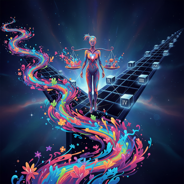 Egy személy egy útelágazásnál, ahol egy út spontán és színes, a másik tervezett és geometrikus. A személy egy mérleget tart, amely a két megközelítés egyensúlyát szimbolizálja.