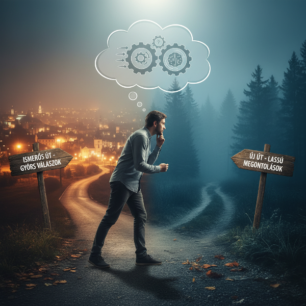 Egy személy egy útelágazásnál, ahol az ismert és az ismeretlen út szimbólizálja az automatikus és a tudatos döntéseket.
