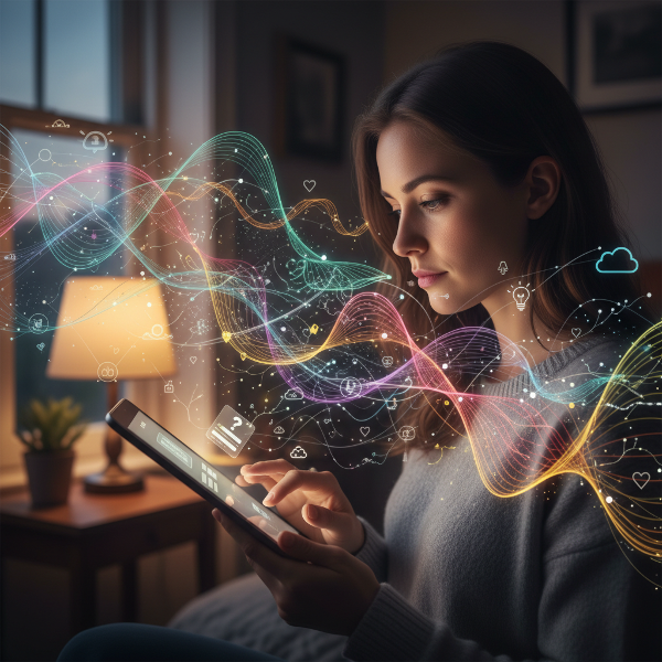 Egy személy gondolatokkal, érzelmekkel és testi jelzésekkel teli online teszt kitöltését szemléltető illusztráció.