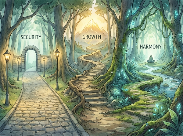 Egy erdőben három szimbolikus út ágazik el, amelyek a biztonságkeresést, a fejlődésvágyat és a harmóniaigényt jelképezik.