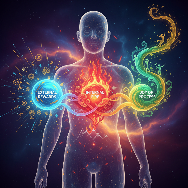 Egy személy háromféle motivációs forrását ábrázoló absztrakt illusztráció: külső jutalmak, belső tűz és a folyamat öröme.