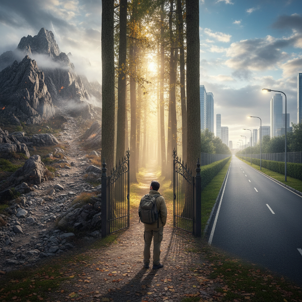 Egy személy egy jelképes tájban áll, ahol három különböző út találkozik, amelyek a teszt három dimenzióját képviselik: kockázatvállalás, nyitottság és biztonságkeresés.