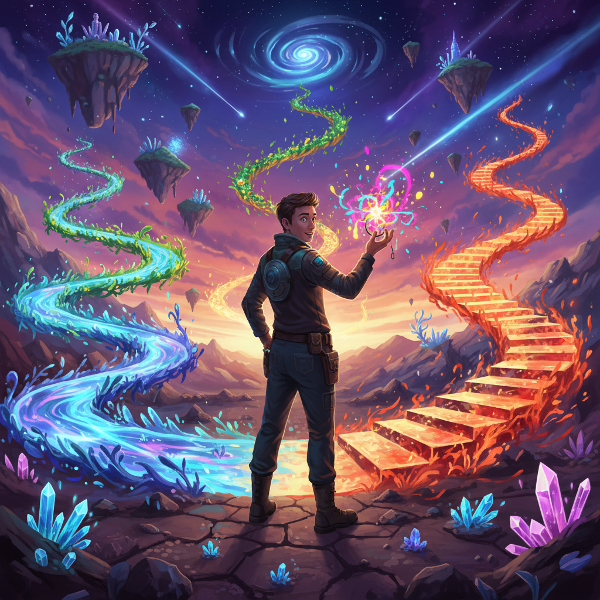 Egy személy egy útelágazásnál, ahol váratlan utak tűnnek fel, meglepett de érdeklődő arckifejezéssel, egy dinamikus energiával izzó iránytűt tartva.