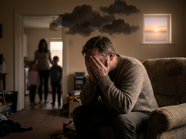 Egy kimerült, középkorú férfi ül egyedül a nappaliban, fejét a kezében tartva, miközben a családja árnyékai látszanak a másik szobában. A feje fölött egy viharos felhő látható, de egy távoli ablakban egy nyugodt napfelkeltét ábrázoló részlet reményt és a belső béke lehetőségét szimbolizálja.
