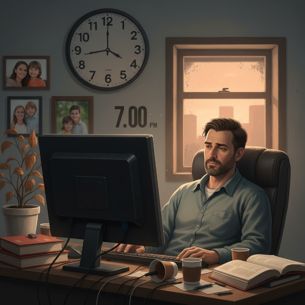 Egy kimerült középkorú férfi monoton munkájában, kreatív válságban, családi kötelezettségek árnyékában, de egy kis ablaknyi reménnyel.