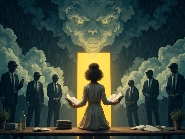 Egy nő egy mérgező munkahelyi környezetben, ahol árnyékfigurák kritizálják, miközben egy sikernaplót tart, és egy reményt jelképező fényes ajtó felé néz.