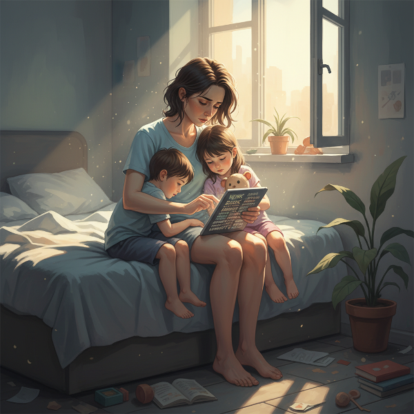 Egy kimerült egyedülálló anya a gyermekeivel egy nehéz reggelen, ahol a fáradtság és a kötelesség találkozik egy csendesen reményt sugalló fénnyel.