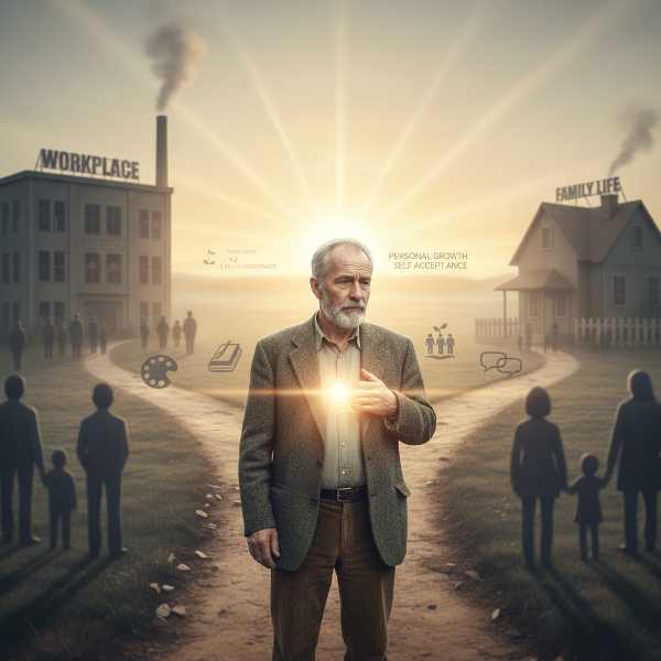 Egy bölcs, 64 éves férfi, Ferenc, a munkahelye és családja között áll, érezve, hogy korához kötött értékelés aláássa önértékelését. Belső erő és új lehetőségek fénye veszi körül, jelezve a változás elfogadását és a személyes növekedés útját.