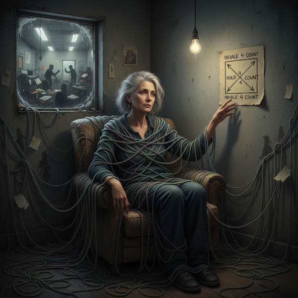 Egy középkorú nő egyedül egy homályos szobában, függőséget és berögzült szokásokat szimbolizáló összekuszált fonalak veszik körül, miközben egy kis ablakon át toxikus munkahelyet és múltbéli árnyakat lát, egyik kezével egy falon lévő egyszerű légzőgyakorlat-ábrázolás felé nyúl.