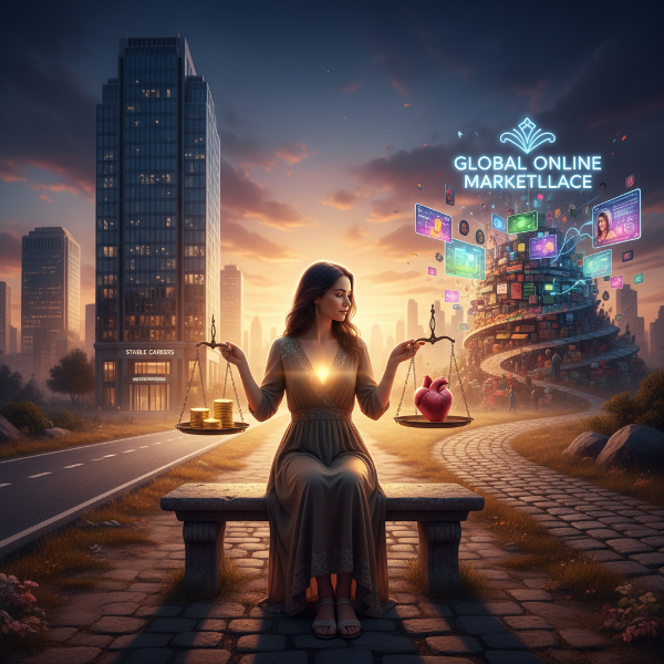 Egy fiatal nő egy útelágazásnál ül, ahol egy út egy stabil irodai épülethez, a másik egy vibráló online piac felé vezet. Egy mérleget tart, amelyen pénzérmék és egy szív van, miközben egy együttérző belső fény árad belőle.