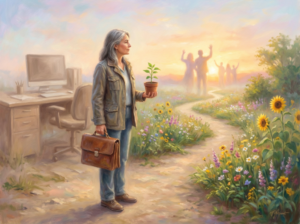 Egy nő a munka és a személyes élet közötti átmenet küszöbén, a változás és új lehetőségek szimbólumaival.