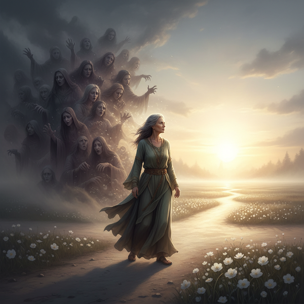 Egy nő a múlt árnyékai és a jövő fényes útja között áll, a gyász és a gyógyulás képét ábrázolva.