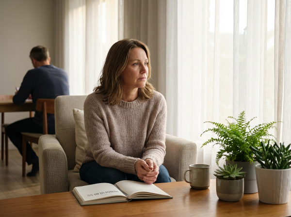 Egy középkorú nő egy nyugodt szobában ül, belső feszültséget és párkapcsolati távolságot ábrázolva, miközben a háttérben a stresszkezelés és önismeret szimbólumai láthatók.
