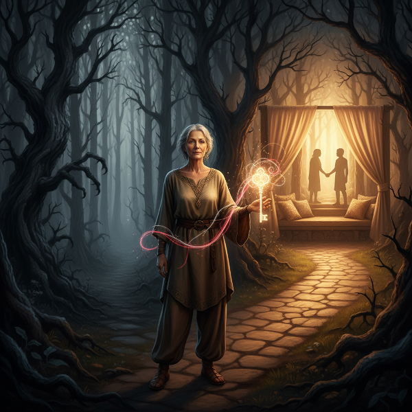 Egy nő a múlt traumáit jelképező sötét erdő és egy biztonságos, intim jövő felé vezető meleg fényű út találkozásánál áll, kulcsot tartva a kezében.