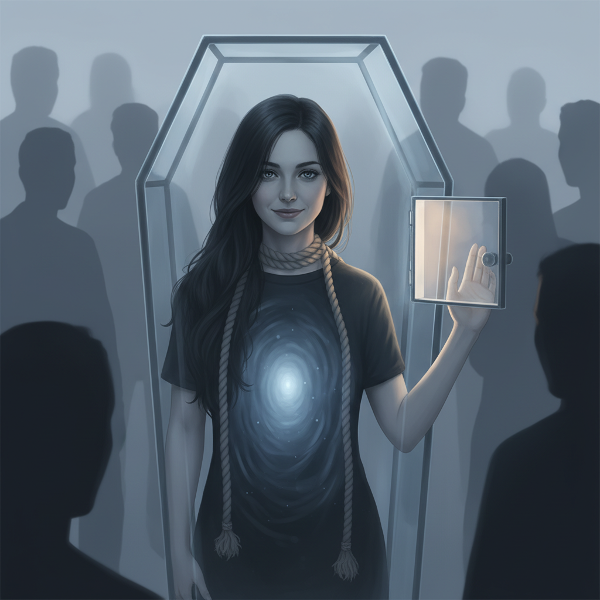 Egy nő üvegkoporsóban mosolyog, miközben belső ürességet és szorongást érez, de egy kicsiny nyitott ajtó felé nyúl.