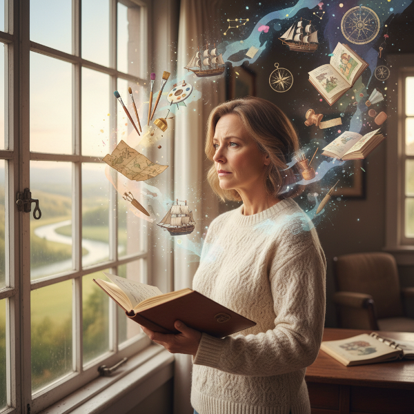 Egy középkorú nő egy naplót tartva gondolkozva néz ki az ablakon, gyermekkori álmai színes ecsetek és térképek formájában lebegnek körülötte, jelképezve az önismereti utazást.