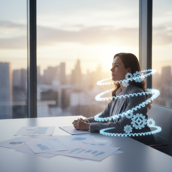 Egy nő egy modern irodában ül, elmerengve néz ki az ablakon. Szétszórt papírok és diagramok láthatók, körülötte egy halványan világító fogaskerék-szerkezet lebeg, ami a 'fogaskerék' érzést szimbolizálja. Lágy, reményteli fény árad be az ablakon.