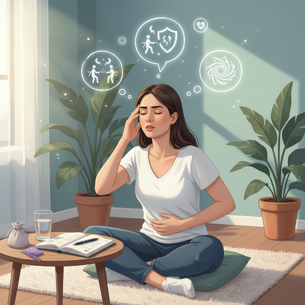 Egy nő, aki fejfájást és gyomorgörcsöt tapasztal, miközben érzelmi feszültségeket dolgoz fel légzéstechnikával és naplózással.