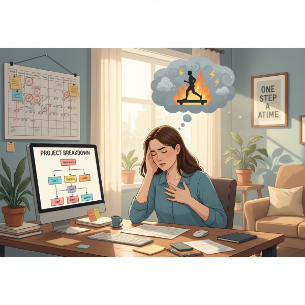 Egy nő munkahelyi stresszt és kiégést érez, miközben célkitűzéseket határoz meg és relaxációs gyakorlatokat végez a kognitív-viselkedésterápia alapján.