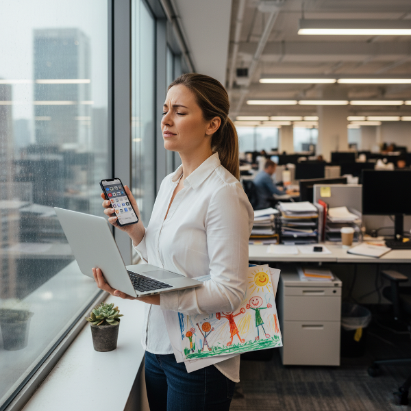 Egy anya próbál koncentrálni a munkájára egy zsúfolt irodában, miközben a közösségi média értesítések és a családi feladatok terhelik, és légzéstechnikákat alkalmaz a stressz csökkentésére.