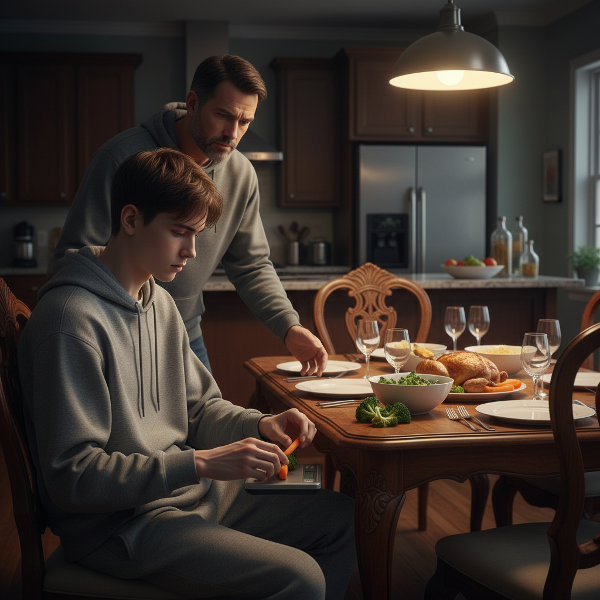 Egy aggódó apa figyeli tizenéves fiát, aki megszállottan mérlegeli a zöldségeket, miközben a családi vacsora háttérben érintetlenül áll. A fiú sovány, a légkör feszült.