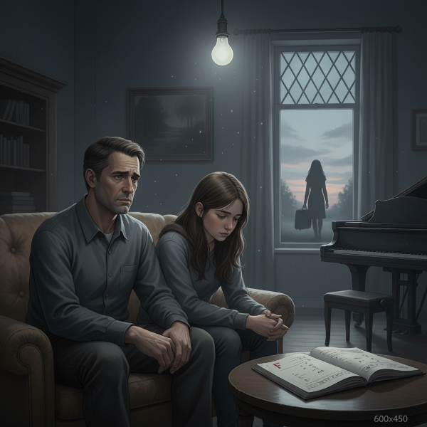 Egy aggódó apa próbálja megközelíteni visszahúzódó tizenéves lányát egy melankolikus otthoni környezetben, miközben a lány elhanyagolt tevékenységei és romló iskolai eredményei a háttérben láthatók.