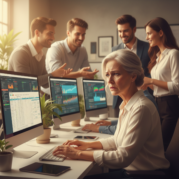 Egy 56 éves nő irodai asztalánál ül, aggódó arckifejezéssel néz a számítógép képernyőjén látható új számviteli programra, míg fiatalabb kollégái magabiztosan dolgoznak körülötte.
