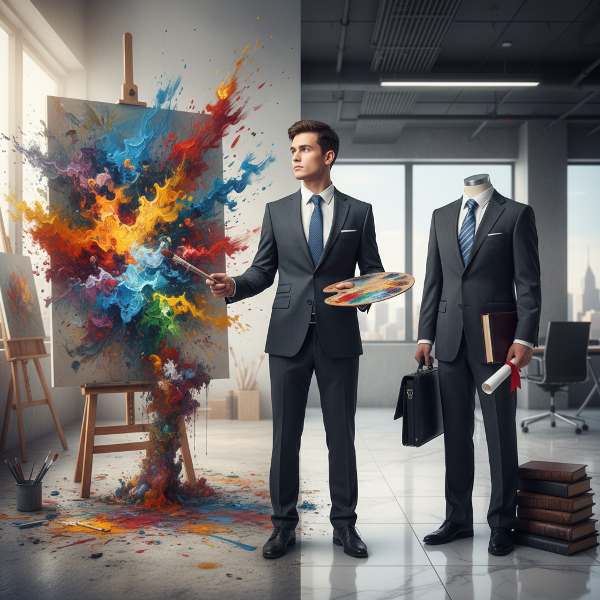 Egy fiatal férfi áll egy útelágazásnál, festőpalettát és diplomát tartva, a kreatív szenvedély és a családi elvárások között.