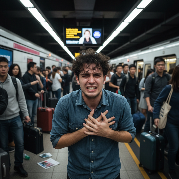 Fiatal férfi a metrón, mellkasát fogva, szorongó arckifejezéssel a tömegben.