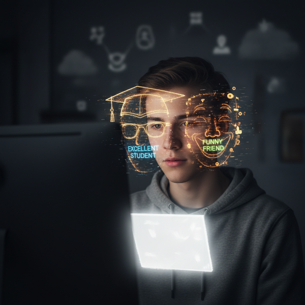 Egy fiatal férfi külső elvárások maszkjai alatt keresve saját identitását, üres képernyőt bámulva, miközben egy tiszta vászon kezd kirajzolódni előtte.