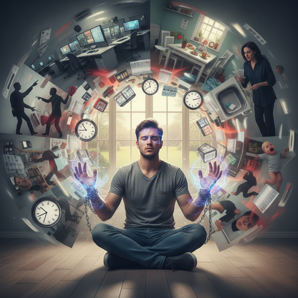 Egy fiatal férfi egy stresszes körforgásban, ahol a munkamánia, testvéri konfliktusok és ismétlődő rituálék fogják körül, miközben próbál kitörni tudatos gyakorlatokkal.