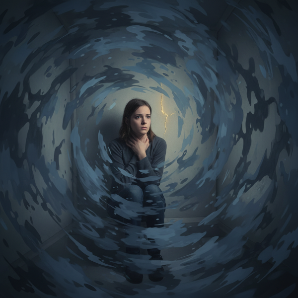 Egy fiatal nő magányosan ül, fulladásérzettel küzdve, miközben érzelmi feszültség kék és szürke formákban öleli körül.