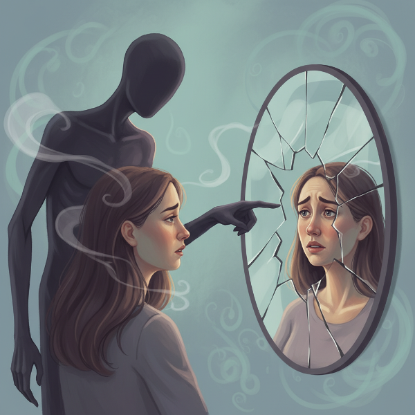 Egy fiatal nő törött tükörképét nézi, miközben egy árnyékos figura mögötte áll, ami az érzelmi manipuláció és a valóság megkérdőjelezését szimbolizálja.