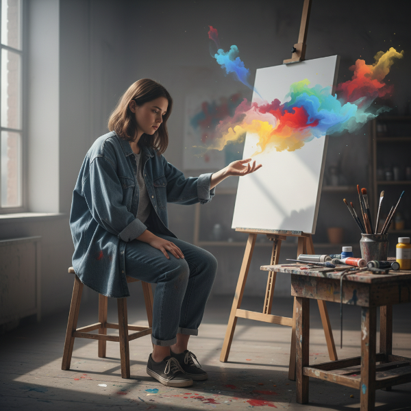 Egy fiatal nő üres vászon előtt ül, kreatív válságot érezve. A háttérben inspirációt jelképező színes formák lebegnek.