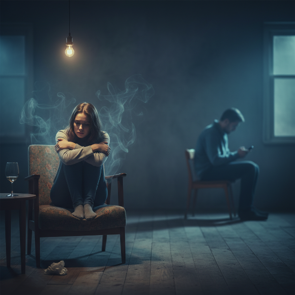 Egy fiatal nő érzelmi távolságot és figyelmen kívül hagyást érez a párkapcsolatában, egyedül ülve, miközben a partnere távol áll.