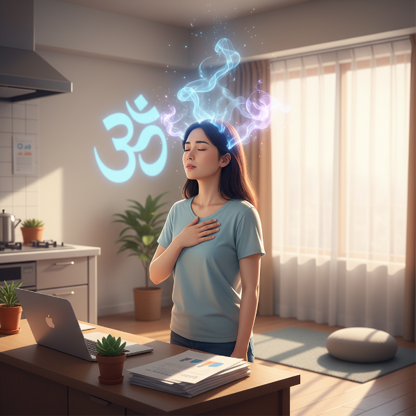 Egy fiatal nő, aki otthon és a munkahelyén is haraggal és stresszel küzd, mély levegőt vesz, hogy megnyugodjon, egy támogató és tudatos légkörben.