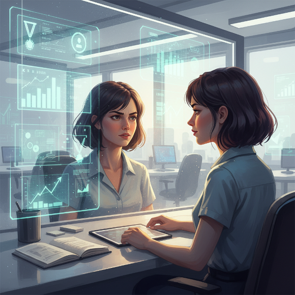 Egy fiatal nő egy modern irodai környezetben küzd a versenykényszerrel, miközben elkezd belső erőt találni.