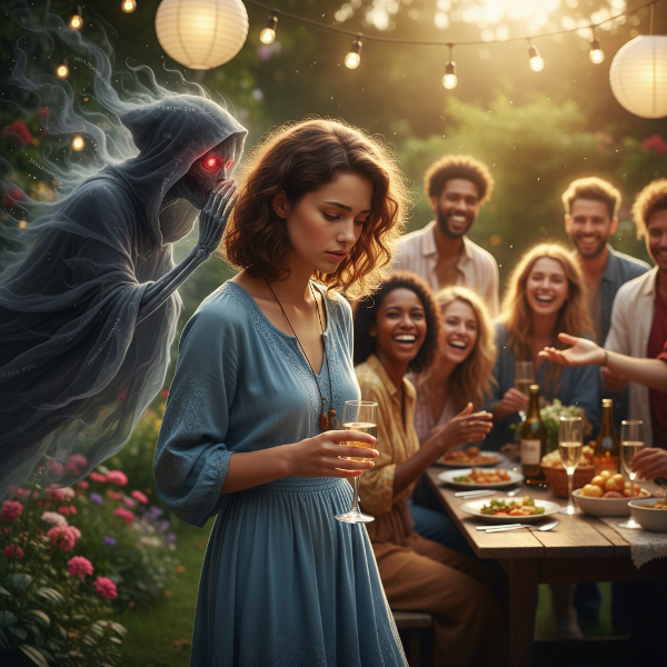 Egy fiatal nő bizonytalanul áll egy társaság szélén, miközben egy árnyékos alak a kételyt suttogja, de a körülötte lévők meleg, barátságos fényt árasztanak.