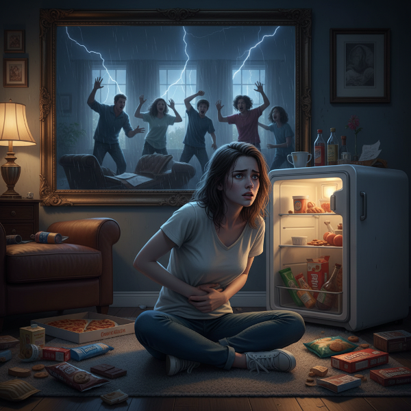 Egy fiatal nő testi-lelki szenvedést ábrázol, ahol családi feszültség, hasi görcsök és evési rohamok keverednek.