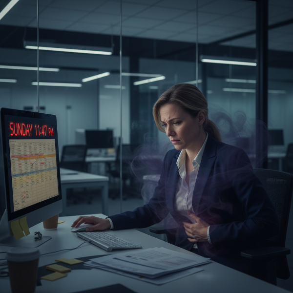 Ilustrasi seorang manajer wanita di kantor modern yang diliputi tekanan kerja, dengan simbol kecemasan dan gejala fisik yang mengganggu.