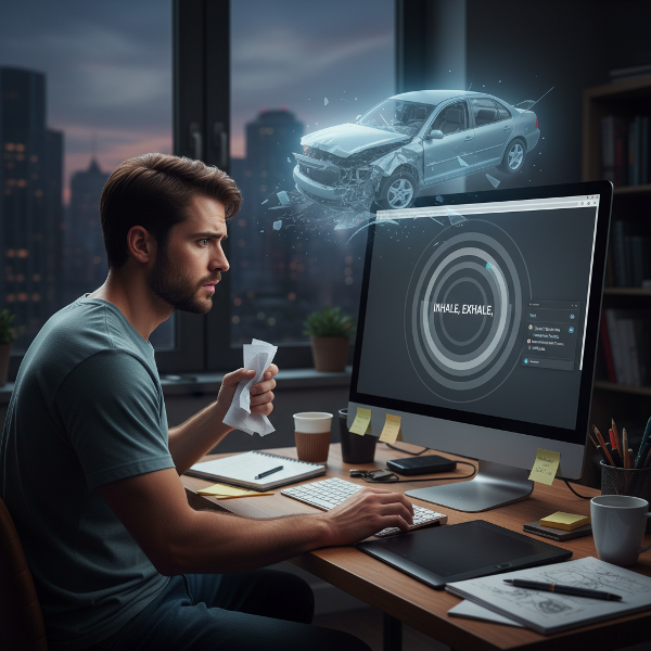 Ilustrasi seorang desainer grafis pria yang sedang mengalami kecemasan pasca trauma, dengan bayangan kecelakaan di luar jendela dan alat bantu relaksasi di komputernya.