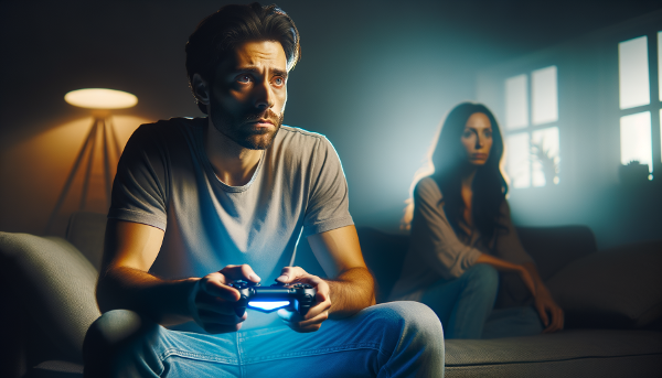 Ilustrasi seorang pria dewasa yang terisolasi oleh dunia game online, sementara pasangannya terasa jauh, menggambarkan kecemasan dan jarak emosional dalam hubungan.