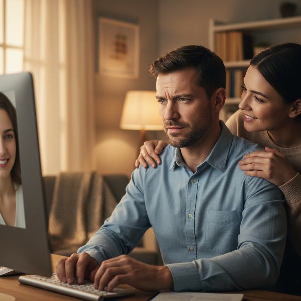 Ilustrasi seorang pria dewasa yang sedang menjalani konsultasi psikologi online dengan ekspresi cemas, ditemani pasangan yang mendukung, menggambarkan pencarian bantuan untuk masalah keintiman dan kecemasan.