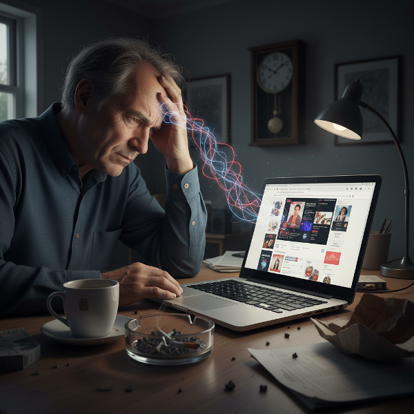 Ilustrasi seorang pria paruh baya yang sedang cemas di depan laptop dengan banyak tab belanja online di malam hari, menggambarkan konflik internal dan kebiasaan kompulsif.