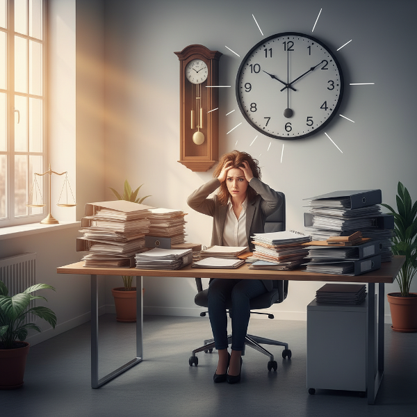 Ilustrasi seorang wanita di kantor yang tertekan oleh pekerjaan, dengan cahaya lembut sebagai simbol harapan untuk keseimbangan hidup.